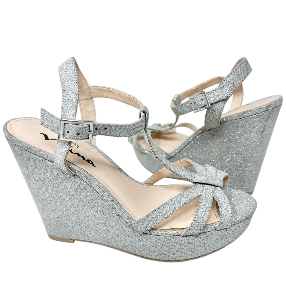 Nina Valery Silver Glitter Metallic Wedge Heel Strappy Sandal Shoes 7.5